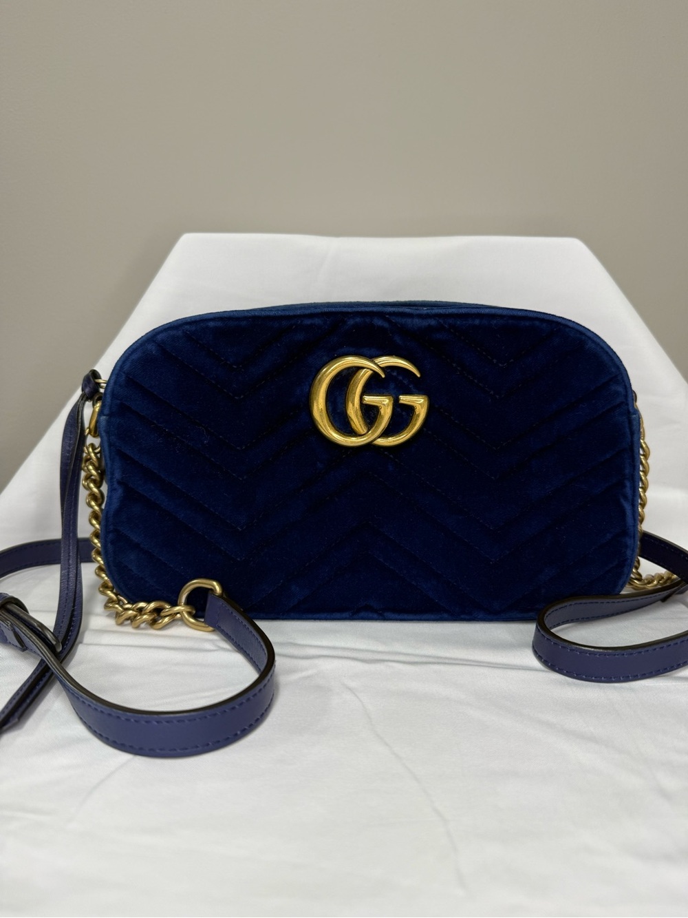 Gucci Royal Blue Velvet GG Marmont Medium Crossbody Bag